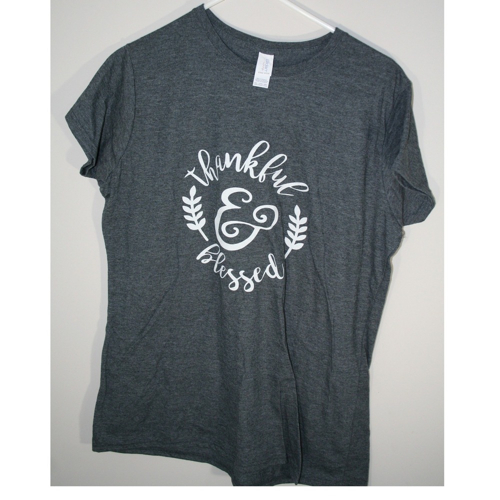 Gildan Softstyle Thankful & Blessed Graphic T-Shirt Gray Womens 2XL